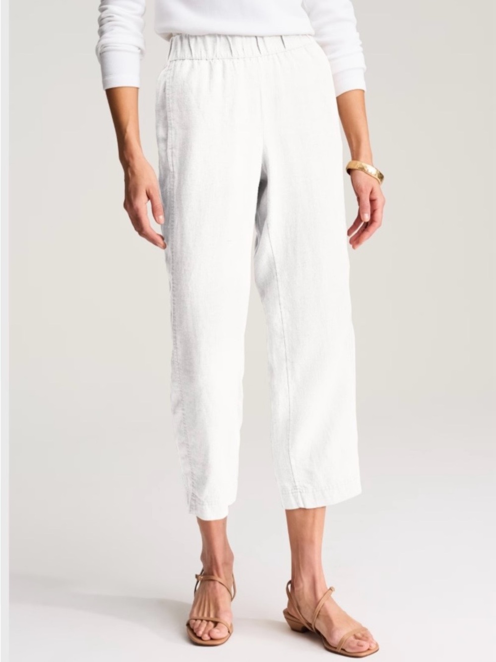 EUC J. Jill White Elastic-Waist Cropped Linen Pants